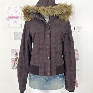 Fresh Made Brown Plaid Faux Fur Hooded bomber Jacket